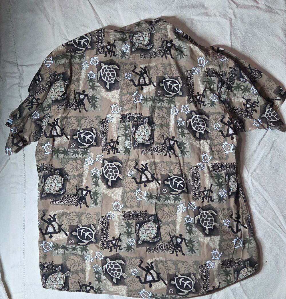 Vintage 70s Key West Camouflage Tribal Tiki Sea Turtle Hawaiian Shirt Brown XL